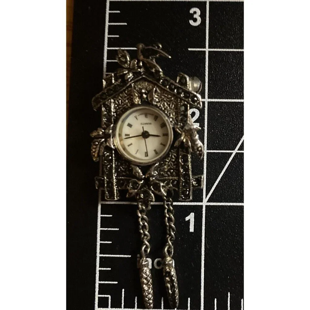 Vintage Watch Brooch/Pendant Lind Silver Tone Marcasite Cuckoo Clock Quartz 2.5" - Picture 6 of 7